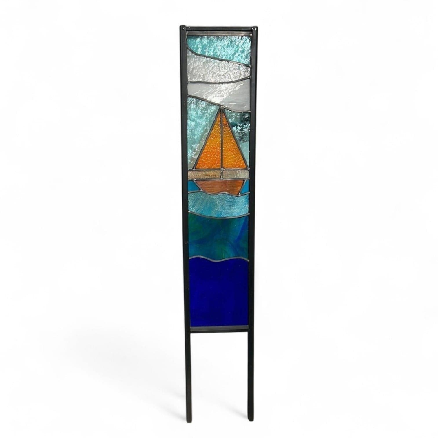 Leaded Sail Panel Garden Feature with Blacksmith Frame – Turquoise & Amber